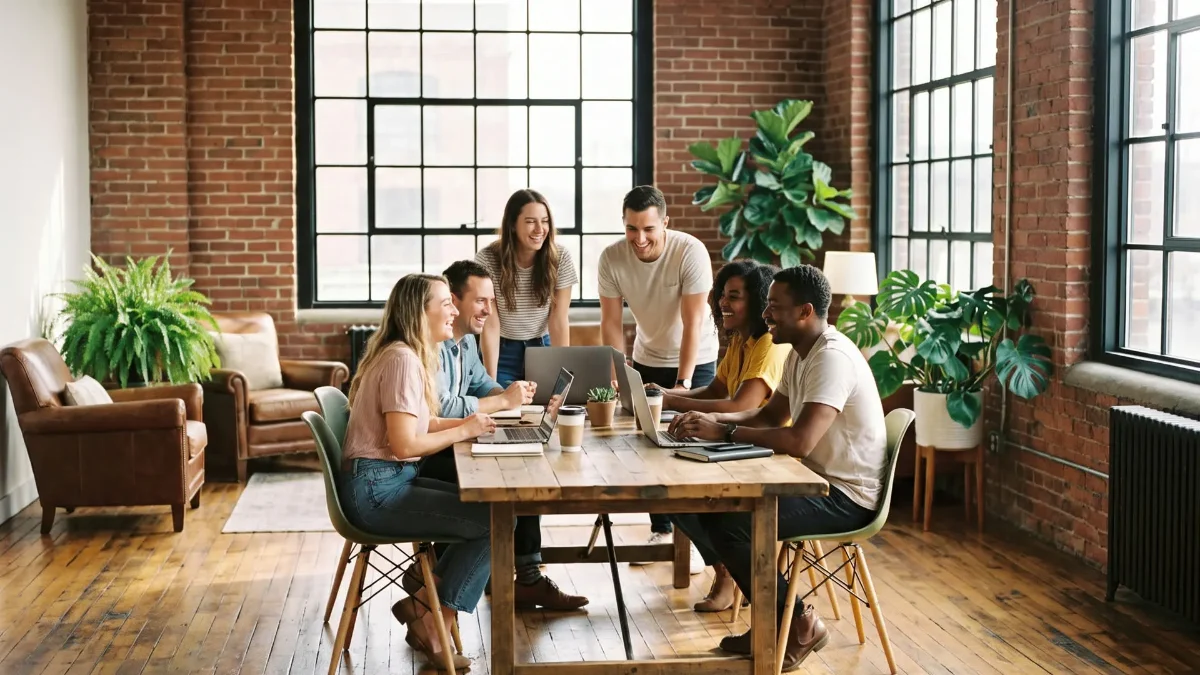 A young team of founders and operators working together in a brick loft