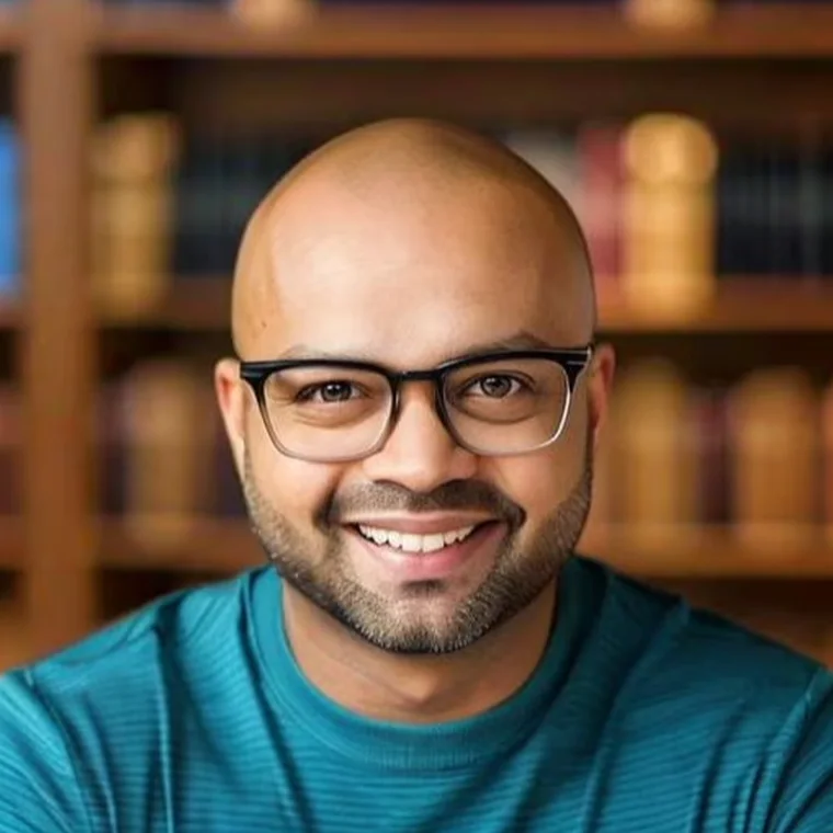 Sheldon Rodrigues smiling in glasses, a bookshelf behind him