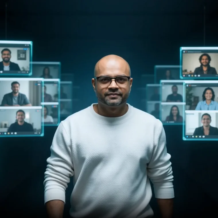 Sheldon Rodrigues surrounded by floating video call panels of his team
