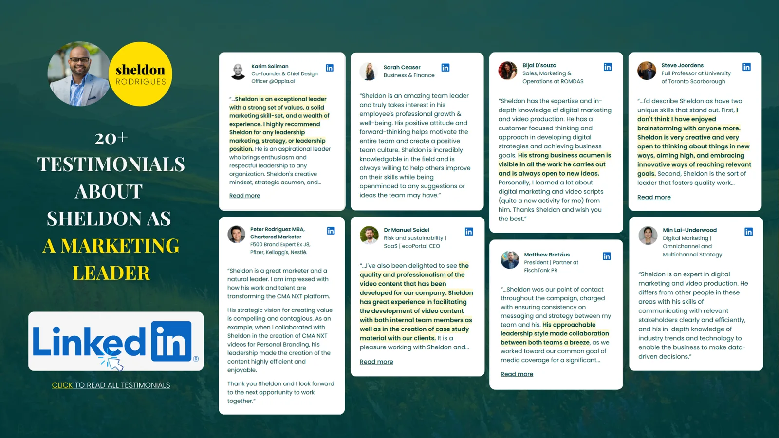 A wall of LinkedIn recommendations for Sheldon Rodrigues from colleagues and leaders he has worked with