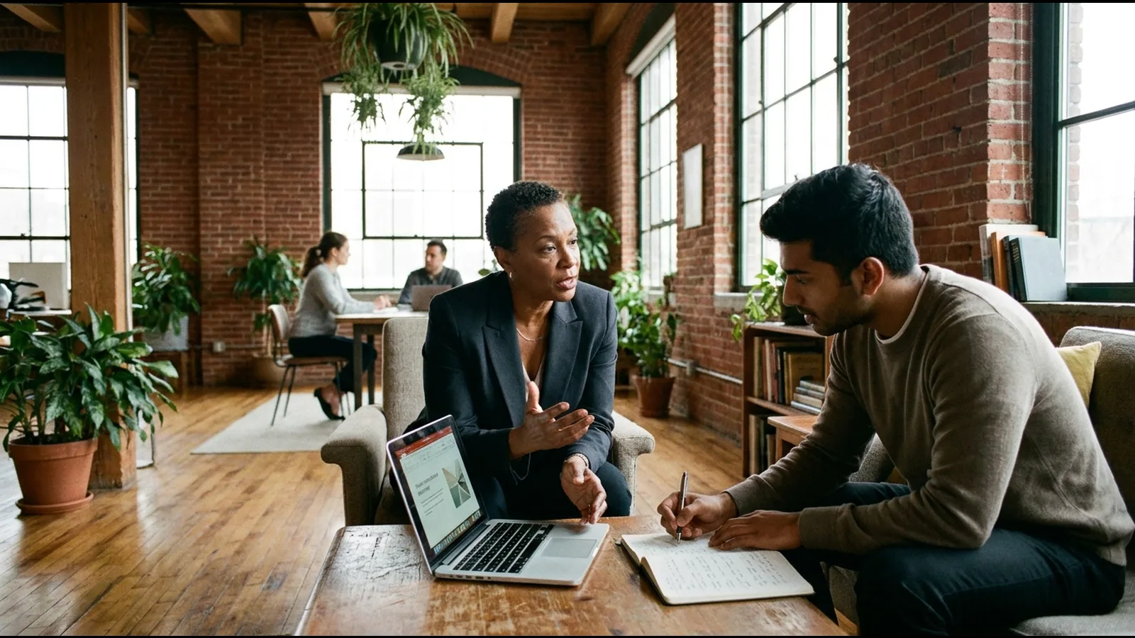 A career coaching conversation over a laptop and notes, colleagues working behind them in a brick loft