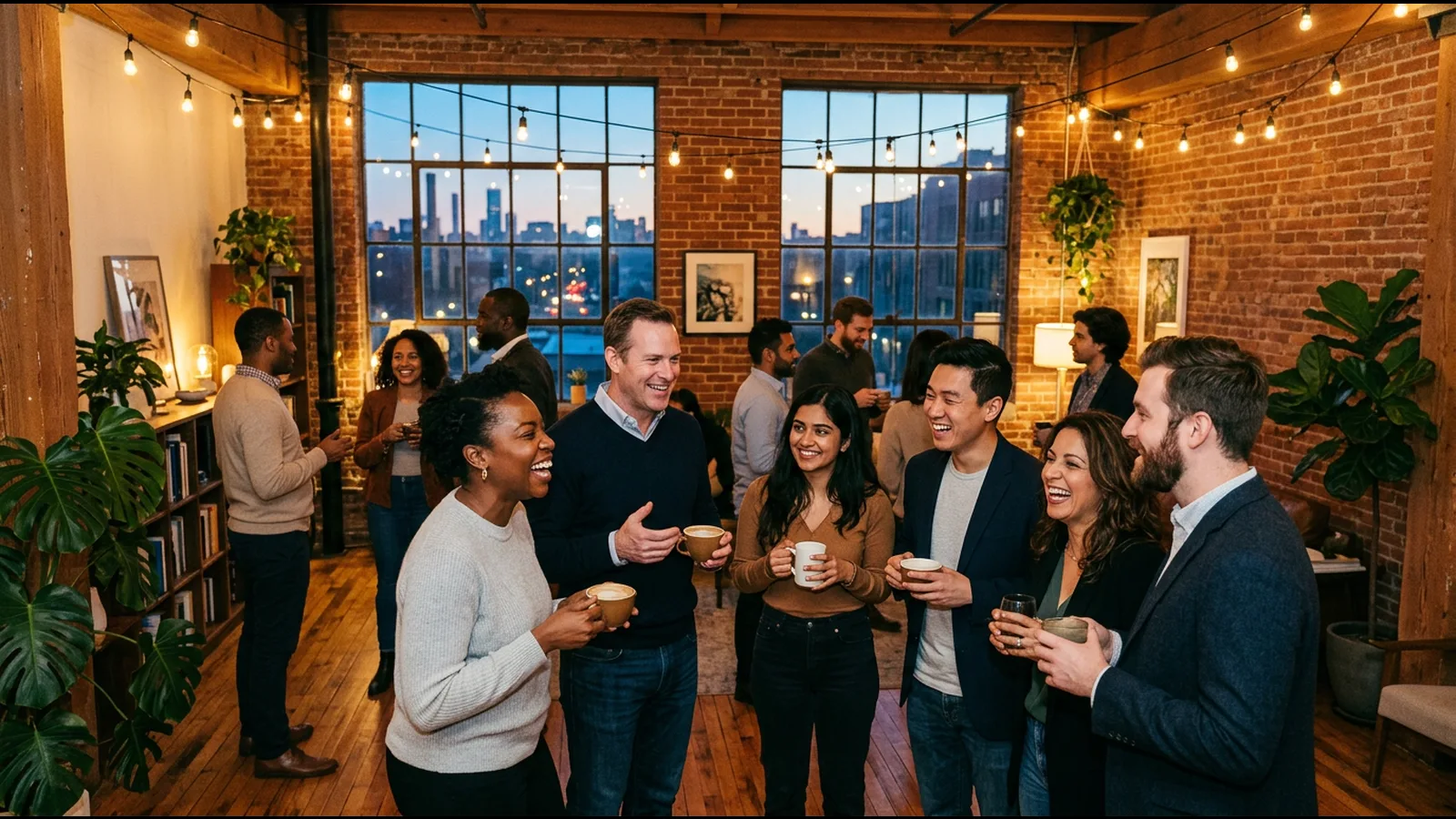 A founding team talking together over coffee in a brick loft at dusk
