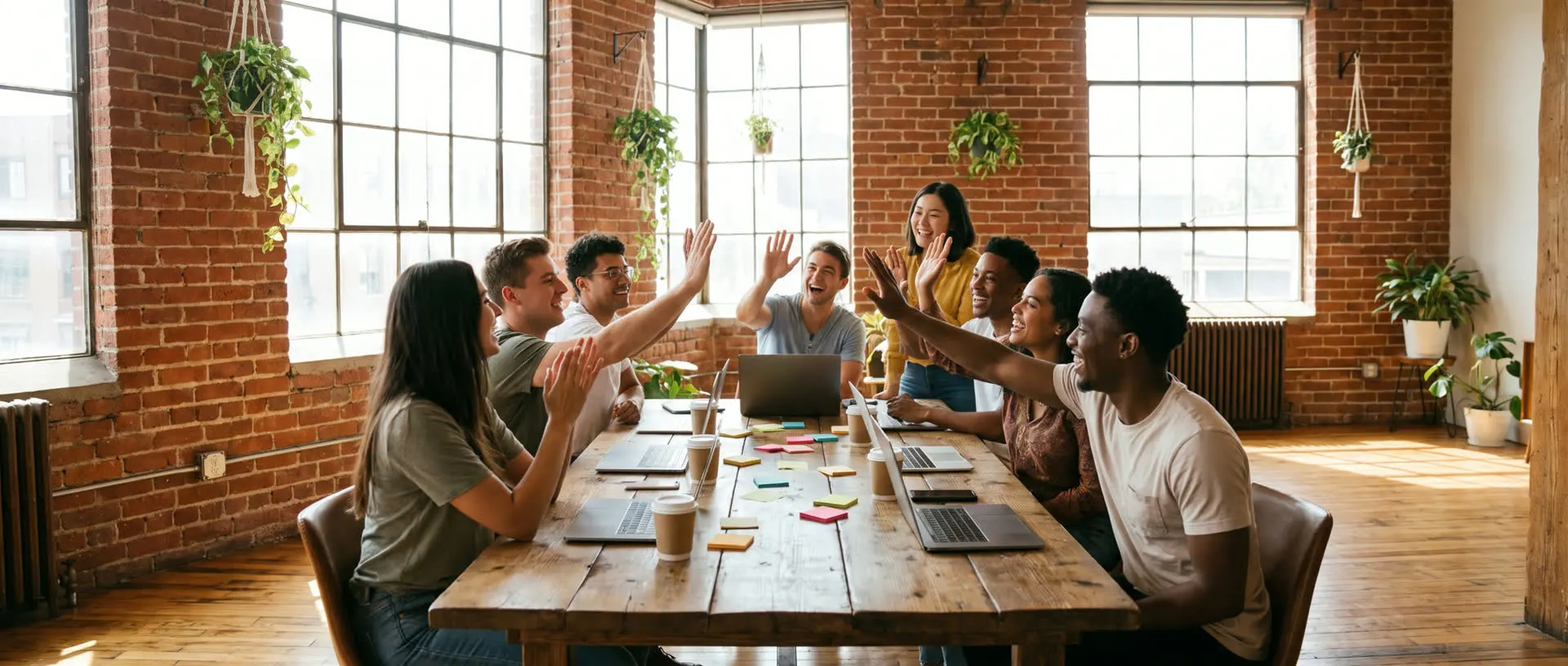 The team high-fiving around the big table in the brick loft, tall windows behind them