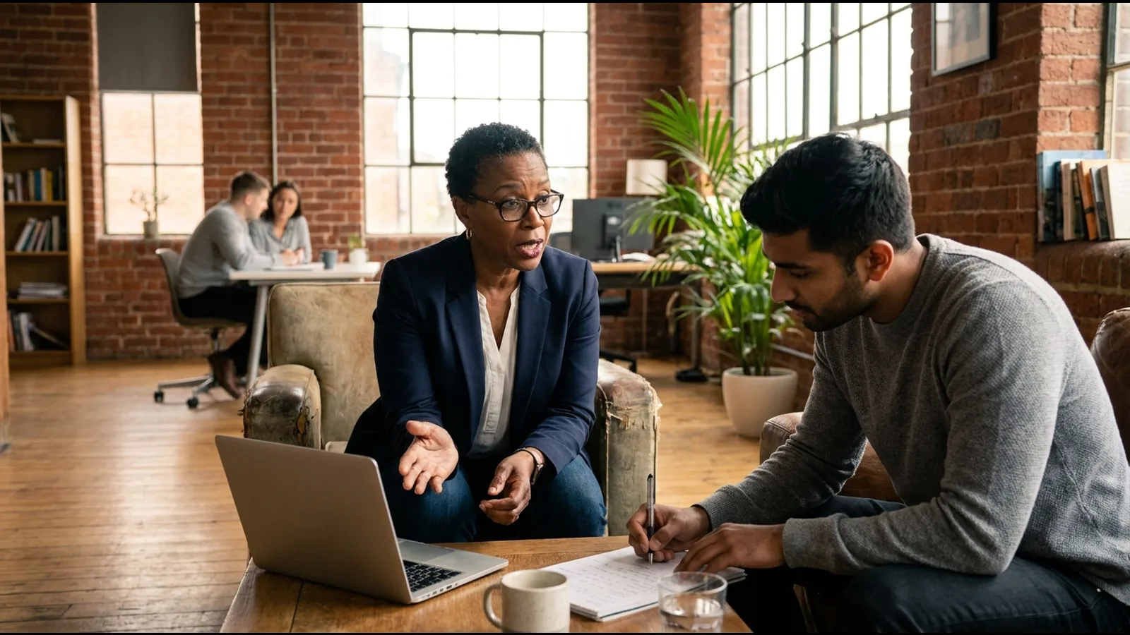 A mentor working through a plan with a rising professional at a laptop