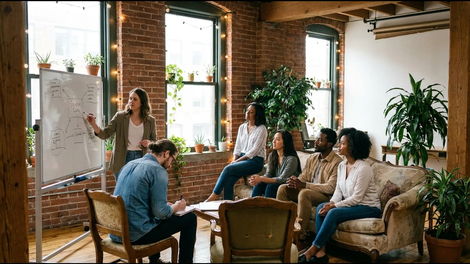 A founder presenting the plan at a whiteboard while the team listens, brick loft and daylight