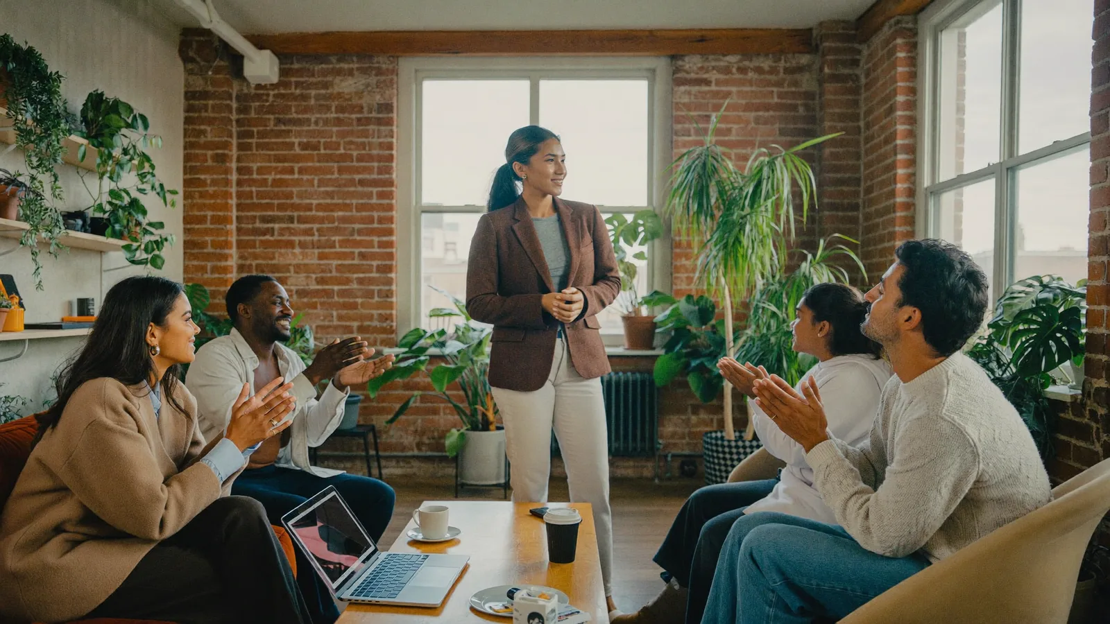 A room applauding one person finally being seen for her work, brick loft and tall windows