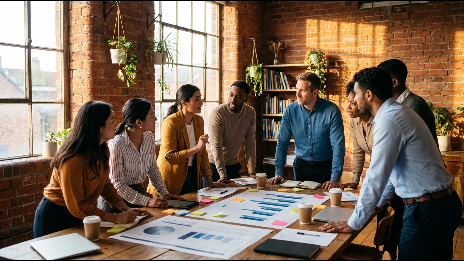 A team working the numbers on the table: charts, sticky notes and the plan in the open