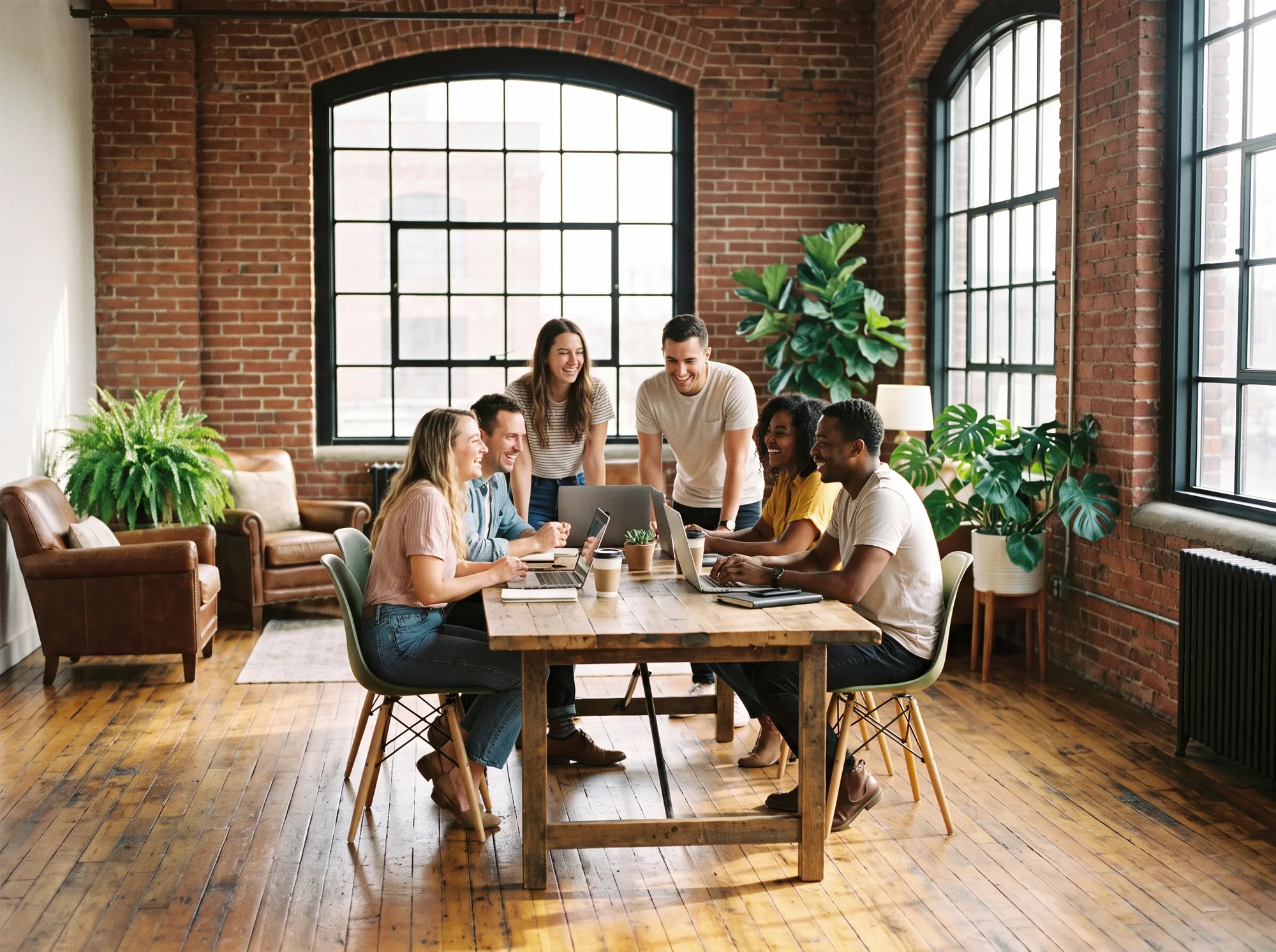A whole team gathered around one table in a brick loft with tall arched windows